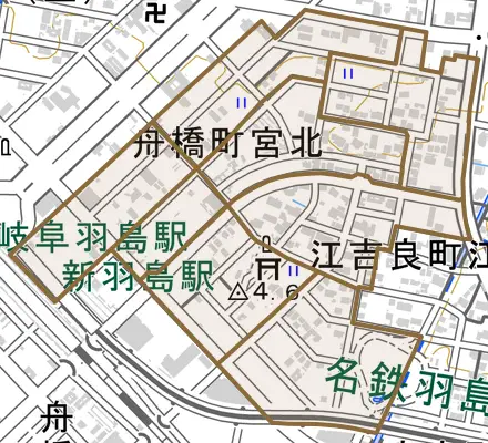 舟橋町宮北とその周辺の地図。町の範囲を重ねている