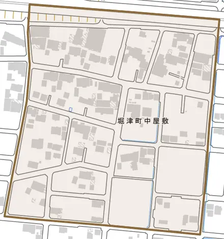 堀津町中屋敷とその周辺の地図。町の範囲を重ねている