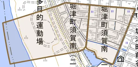 堀津町須賀南とその周辺の地図。町の範囲を重ねている