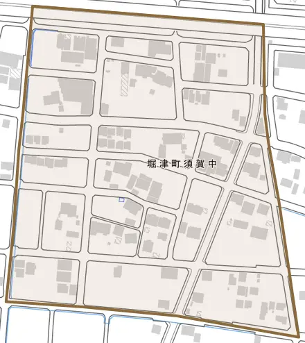 堀津町須賀中とその周辺の地図。町の範囲を重ねている