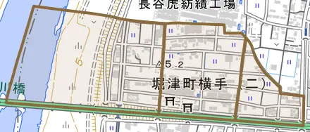 堀津町横手とその周辺の地図。町の範囲を重ねている