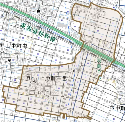 上中町一色とその周辺の地図。町の範囲を重ねている