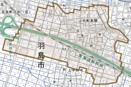 上中町長間とその周辺の地図。町の範囲を重ねている