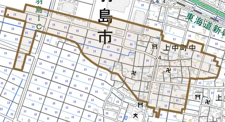 上中町中とその周辺の地図。町の範囲を重ねている