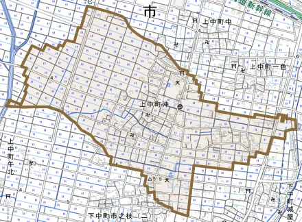 上中町沖とその周辺の地図。町の範囲を重ねている