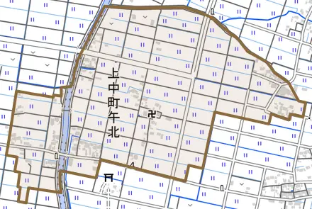 上中町午北とその周辺の地図。町の範囲を重ねている
