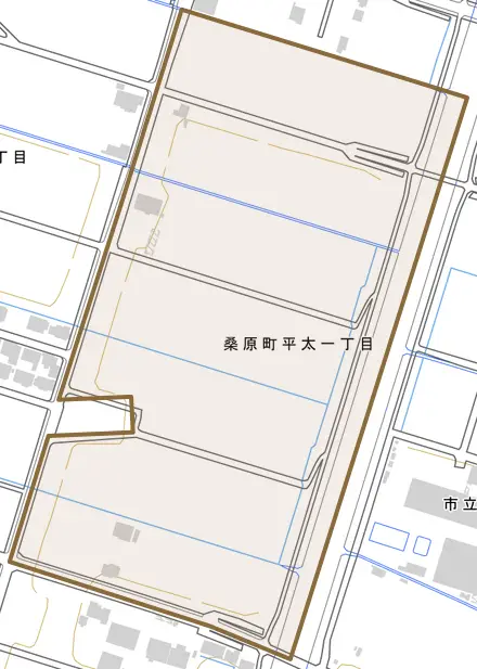 桑原町平太とその周辺の地図。町の範囲を重ねている