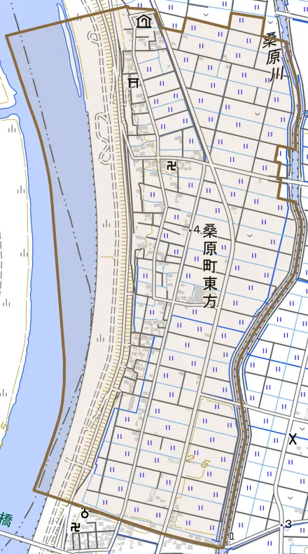 桑原町東方とその周辺の地図。町の範囲を重ねている