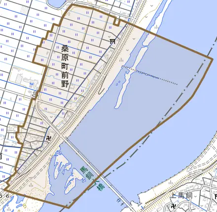 桑原町前野とその周辺の地図。町の範囲を重ねている