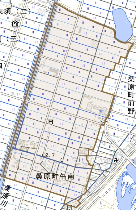 桑原町午南とその周辺の地図。町の範囲を重ねている