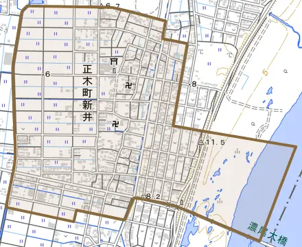 正木町新井とその周辺の地図。町の範囲を重ねている