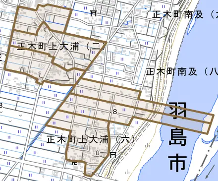正木町上大浦とその周辺の地図。町の範囲を重ねている
