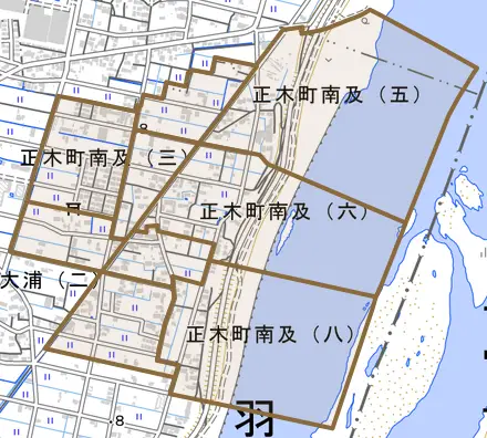 正木町南及とその周辺の地図。町の範囲を重ねている
