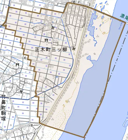 正木町三ツ柳とその周辺の地図。町の範囲を重ねている