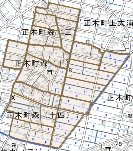 正木町森とその周辺の地図。町の範囲を重ねている