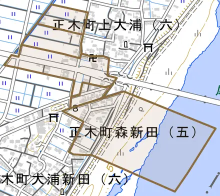 正木町森新田とその周辺の地図。町の範囲を重ねている