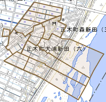 正木町大浦新田とその周辺の地図。町の範囲を重ねている