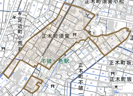 正木町須賀とその周辺の地図。町の範囲を重ねている