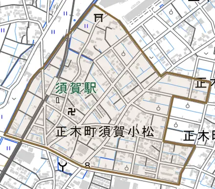 正木町須賀小松とその周辺の地図。町の範囲を重ねている