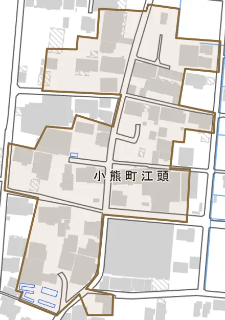 小熊町江頭とその周辺の地図。町の範囲を重ねている