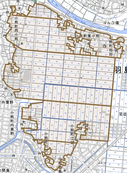 小熊町とその周辺の地図。町の範囲を重ねている