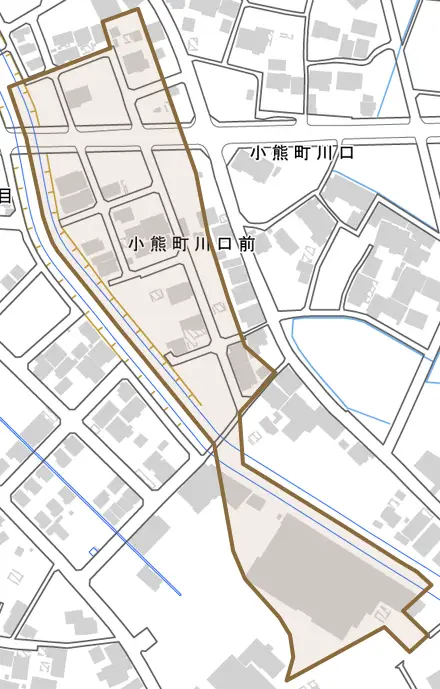 小熊町川口前とその周辺の地図。町の範囲を重ねている