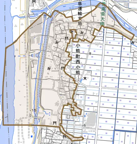 小熊町西小熊とその周辺の地図。町の範囲を重ねている