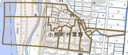 小熊町外粟野とその周辺の地図。町の範囲を重ねている