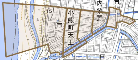 小熊町天王とその周辺の地図。町の範囲を重ねている