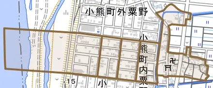 小熊町内粟野とその周辺の地図。町の範囲を重ねている
