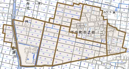 下中町市之枝とその周辺の地図。町の範囲を重ねている