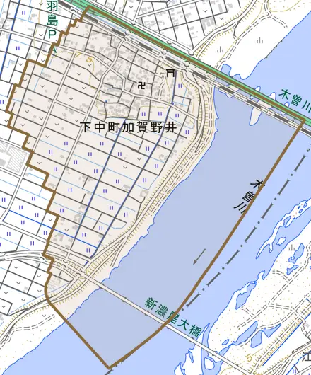 下中町加賀野井とその周辺の地図。町の範囲を重ねている
