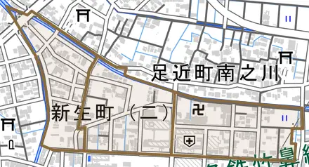 新生町とその周辺の地図。町の範囲を重ねている