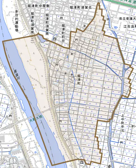 堀津町とその周辺の地図。町の範囲を重ねている
