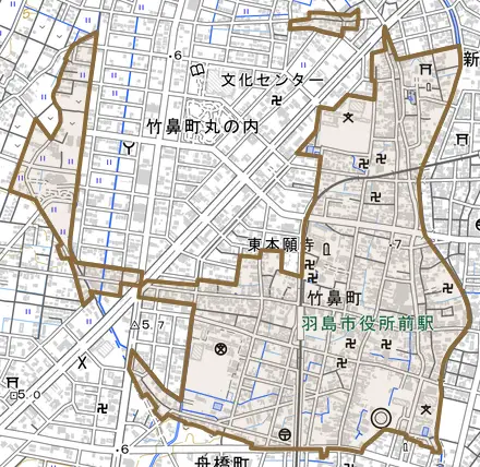 竹鼻町とその周辺の地図。町の範囲を重ねている