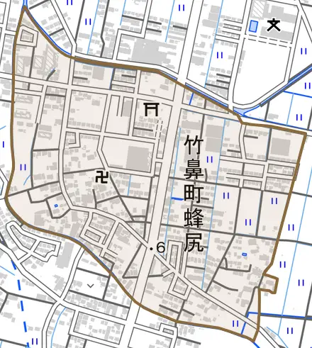 竹鼻町蜂尻とその周辺の地図。町の範囲を重ねている