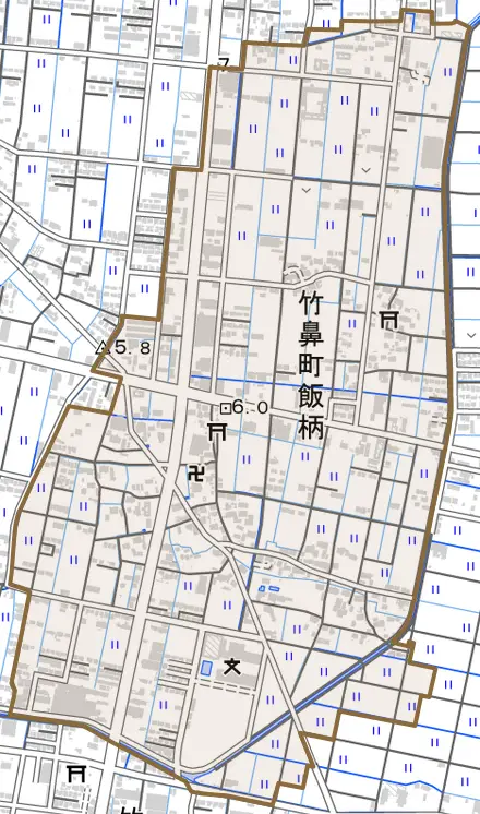 竹鼻町飯柄とその周辺の地図。町の範囲を重ねている