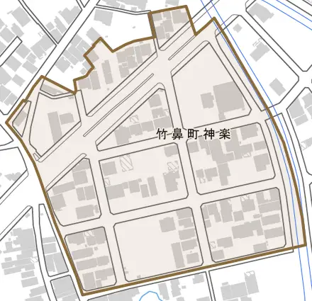 竹鼻町神楽とその周辺の地図。町の範囲を重ねている
