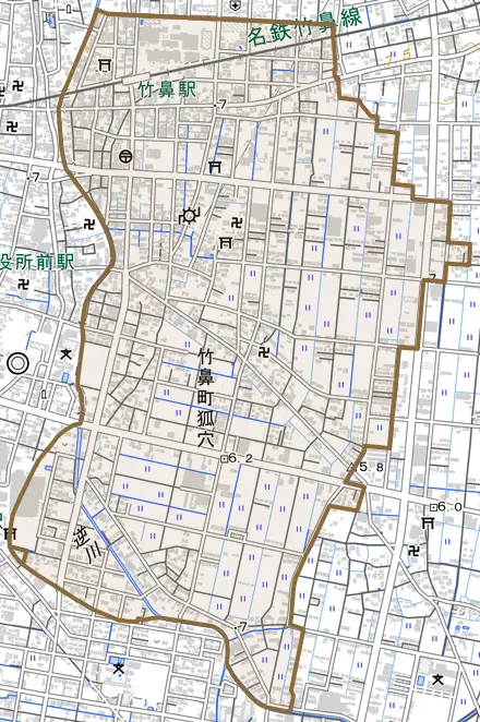竹鼻町狐穴とその周辺の地図。町の範囲を重ねている