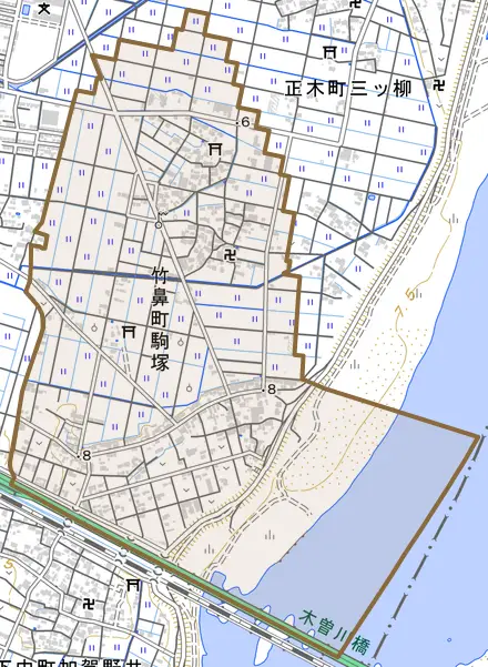 竹鼻町駒塚とその周辺の地図。町の範囲を重ねている
