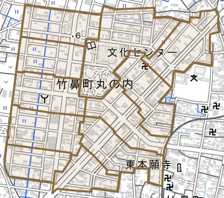 竹鼻町丸の内とその周辺の地図。町の範囲を重ねている