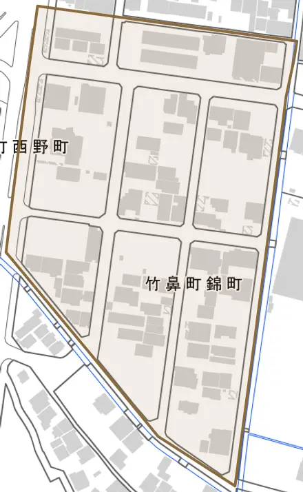 竹鼻町錦町とその周辺の地図。町の範囲を重ねている
