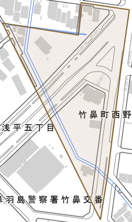 竹鼻町西野町とその周辺の地図。町の範囲を重ねている