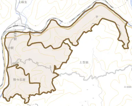 川並とその周辺の地図。町の範囲を重ねている