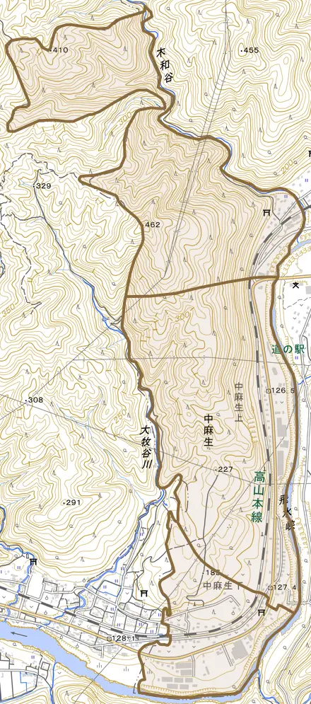 中麻生とその周辺の地図。町の範囲を重ねている