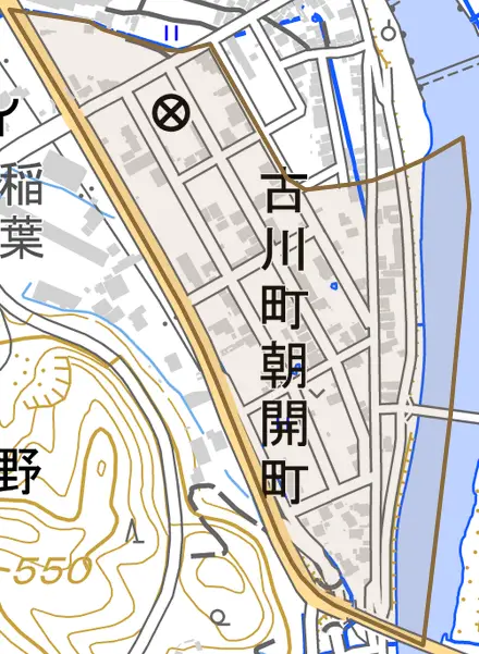 古川町朝開町とその周辺の地図。町の範囲を重ねている
