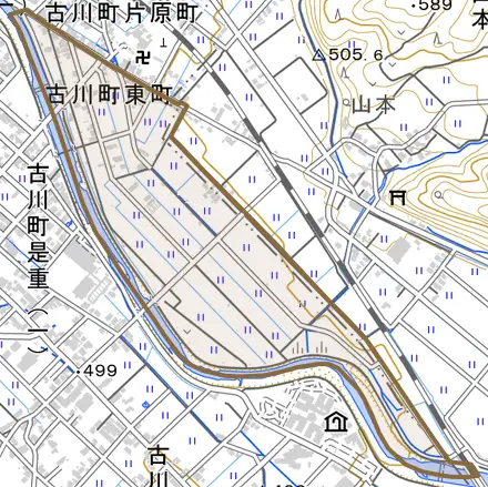 古川町東町とその周辺の地図。町の範囲を重ねている