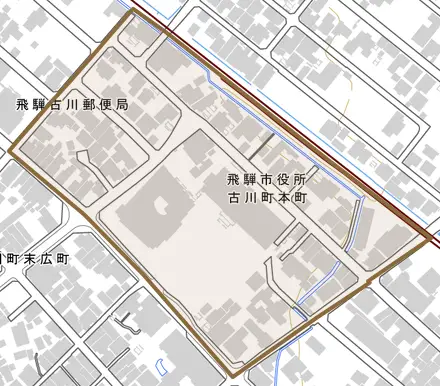 古川町本町とその周辺の地図。町の範囲を重ねている