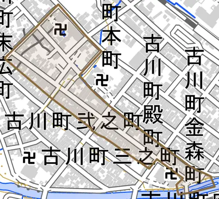 古川町壱之町とその周辺の地図。町の範囲を重ねている