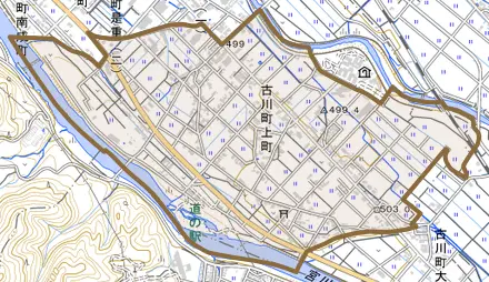 古川町上町とその周辺の地図。町の範囲を重ねている